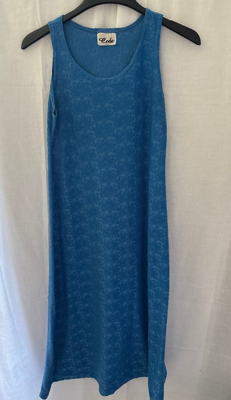 Code Vintage Blue Sleeveless Tank Midi Dress All Over Textured Floral Print M
